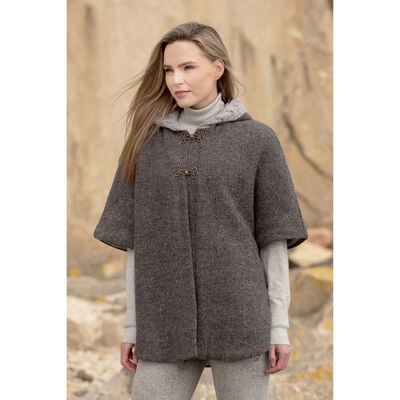 Merino Wool and Donegal Tweed Hooded Cape With Aran Lining  Charcoal Colour